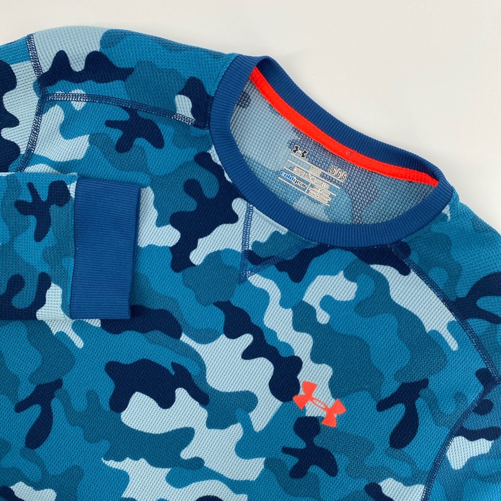 Under Armour Thermal Shirt Mens Large Blue Camo ColdGear Waffle Knit Athletic